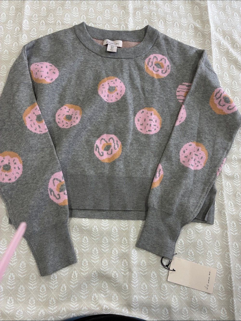 kate spade Gray Crewneck Sweater with Pink and Tan Donut Motif